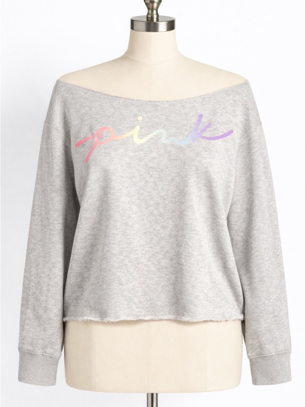PINK Victoria's Secret Gray Off-the-Shoulder Sweater with Pastel Rainbow Script